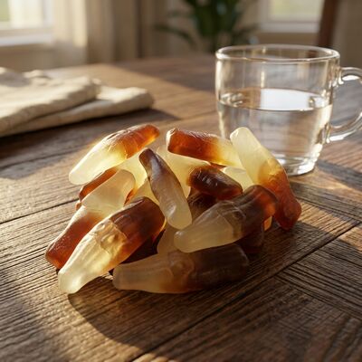 Authentische Cola Soda Geschmack Gummi Süßigkeiten mit Spaß Cola Flaschenform und perfekte Kautextur Sojabohnen Snacks
