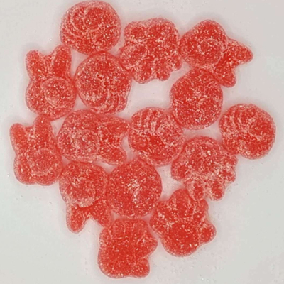 Bunte, lustig geformte, fruchtinfundierte Gummibonbons mit Zuckerüberzug